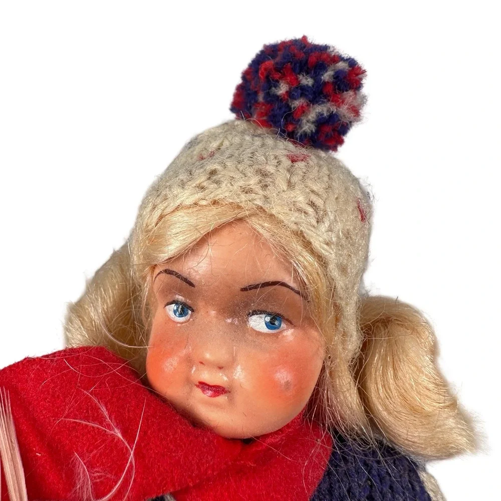 Vintage Scandanavian Handcrafted Skier Doll Wooden Skis Poles Knit Sweater 10
